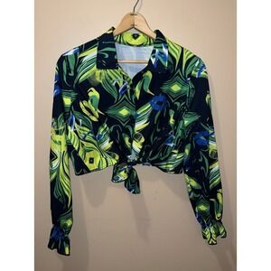 Cropped Shirt Women's Large Black Green Yellow Boho Blouse Long Sleeve Lips Neon